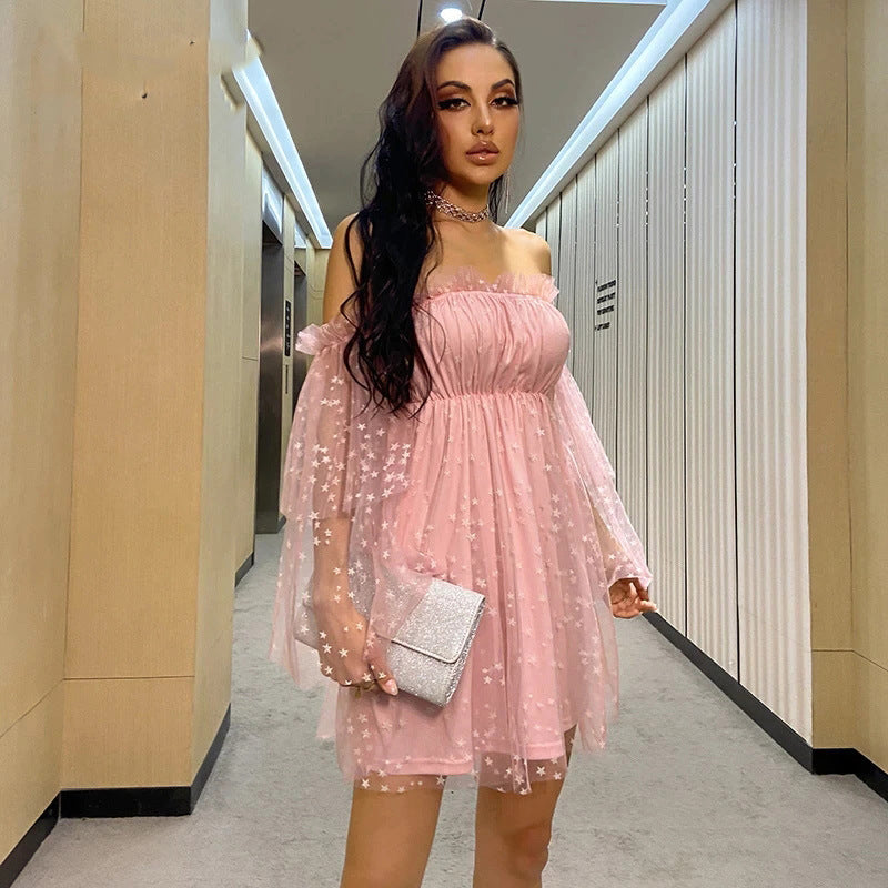 Off-Shoulder Ruffled Mini Dress with Star Mesh Sleeves