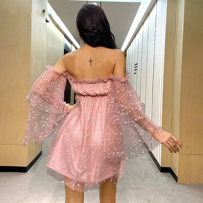 Off-Shoulder Ruffled Mini Dress with Star Mesh Sleeves