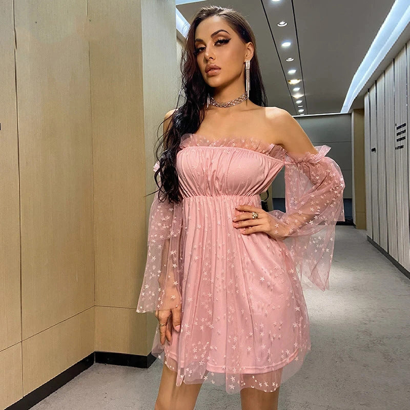 Off-Shoulder Ruffled Mini Dress with Star Mesh Sleeves