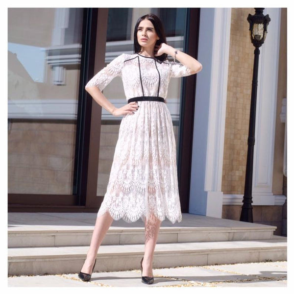 A-Line Lace Midi Dress with Round Neck and Mid-Sleeves
