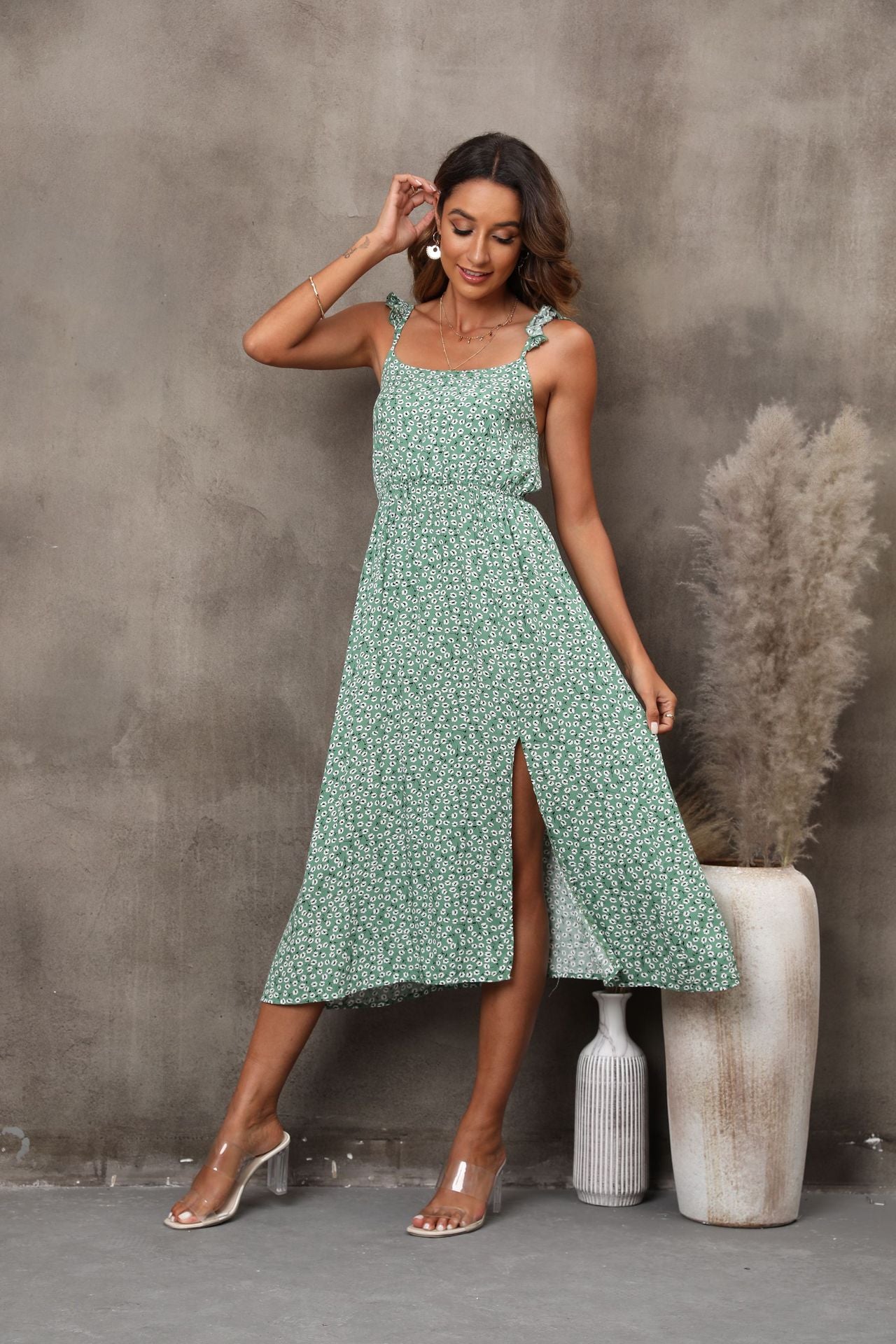 Floral Slip Midi Dress with Ruffle Straps and Side Slit