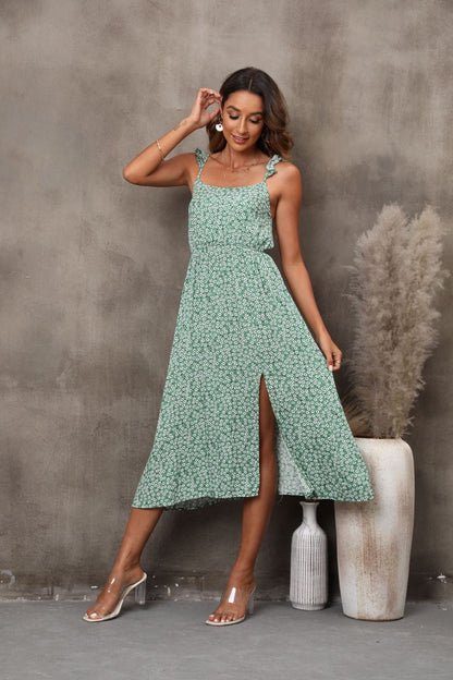 Floral Slip Midi Dress with Ruffle Straps and Side Slit