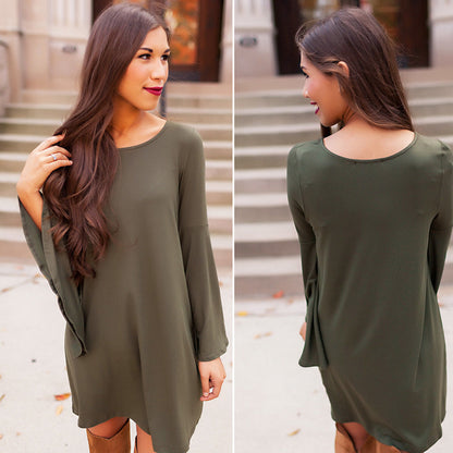 Shift Mini Dress with Round Neck and Bell Sleeves