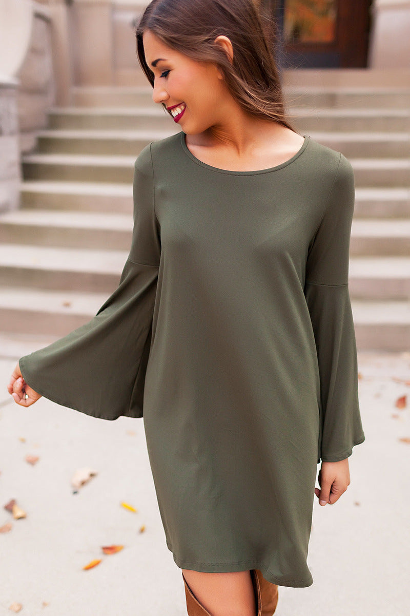 Shift Mini Dress with Round Neck and Bell Sleeves