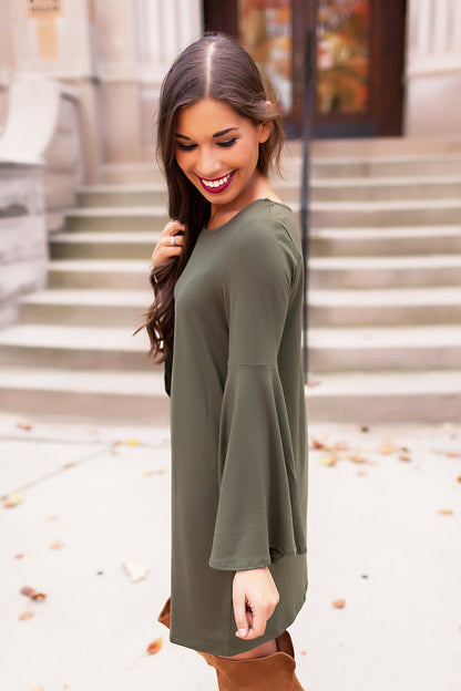 Shift Mini Dress with Round Neck and Bell Sleeves