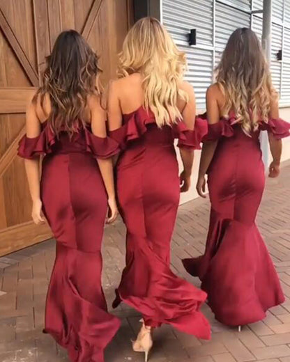 Trumpet Dress with Deep V-Neck and Off-Shoulder Ruffles