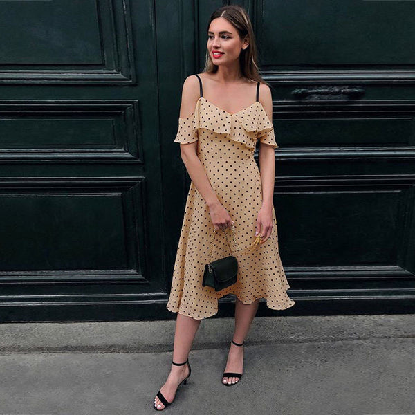 Polka Dot Slip Midi Dress with Off-Shoulder Ruffles