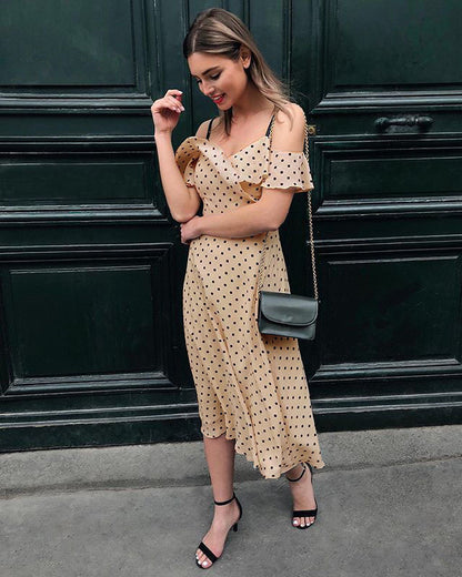 Polka Dot Slip Midi Dress with Off-Shoulder Ruffles