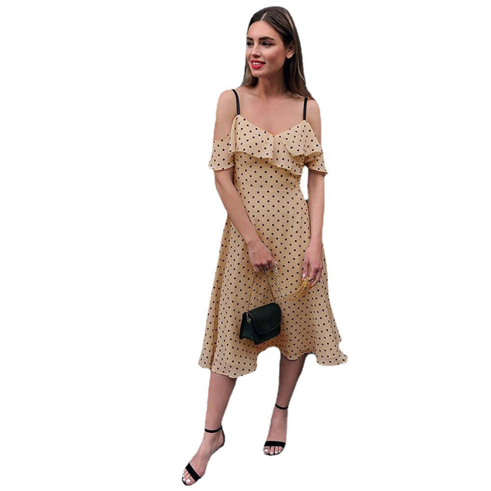 Polka Dot Slip Midi Dress with Off-Shoulder Ruffles