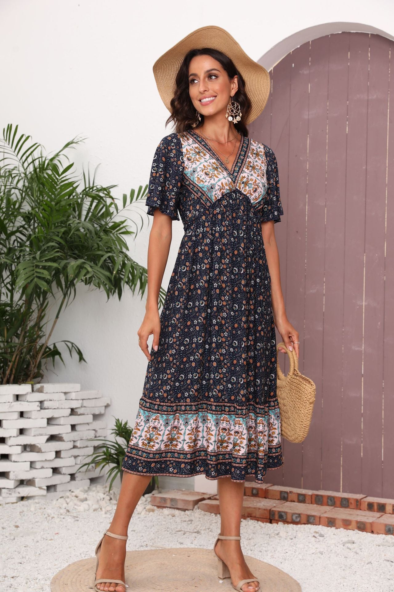 Bohemian Floral Print Midi Dress with V-Neck
