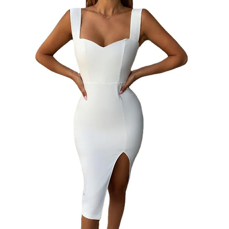 Bodycon Pencil Midi Dress with Sweetheart Neck and Side Slit