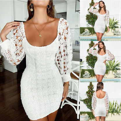 Bodycon Mini Dress with U-Neck and Lace Puff Sleeves