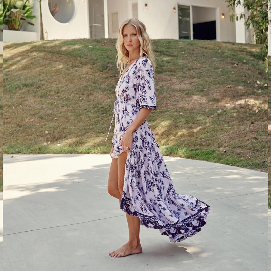 Bohemian Floral Maxi Dress with V-Neck and High Slit