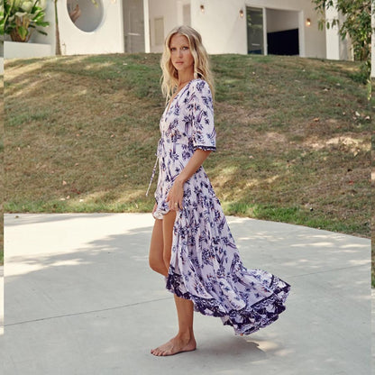 Bohemian Floral Maxi Dress with V-Neck and High Slit