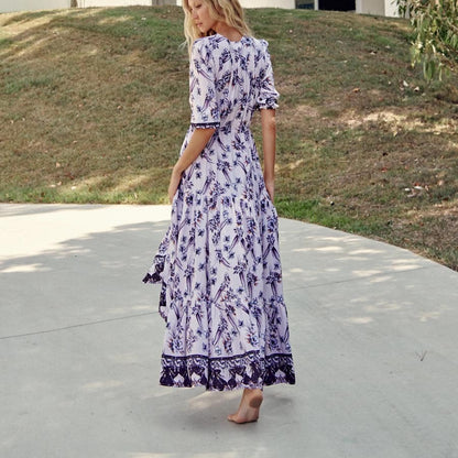 Bohemian Floral Maxi Dress with V-Neck and High Slit