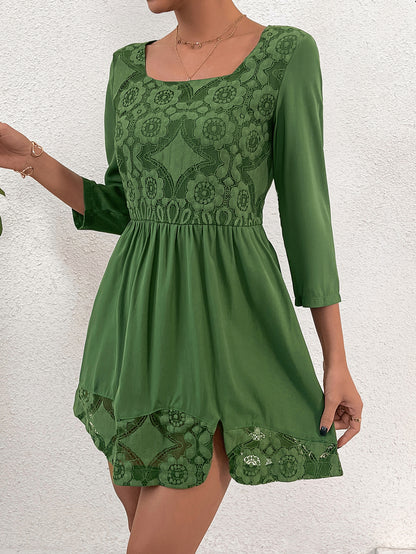 Babydoll Dress with Square Neck, Embroidered Yoke, and Cutout Hem