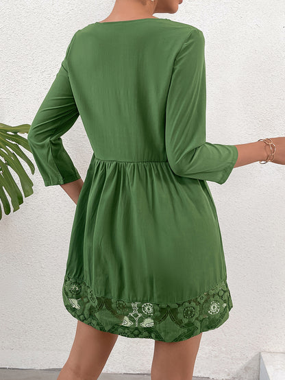 Babydoll Dress with Square Neck, Embroidered Yoke, and Cutout Hem