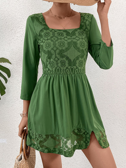Babydoll Dress with Square Neck, Embroidered Yoke, and Cutout Hem