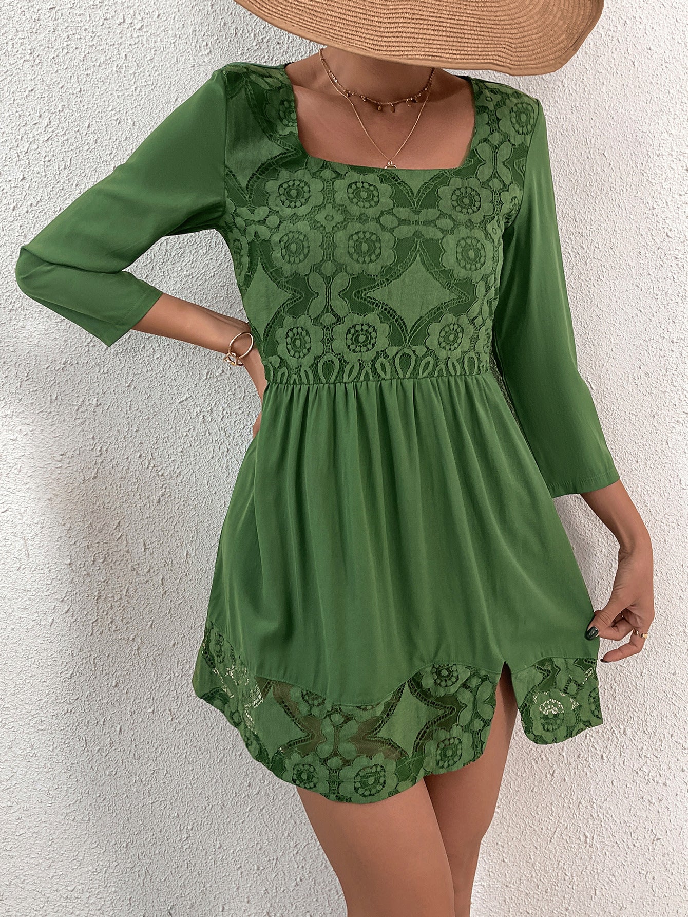 Babydoll Dress with Square Neck, Embroidered Yoke, and Cutout Hem