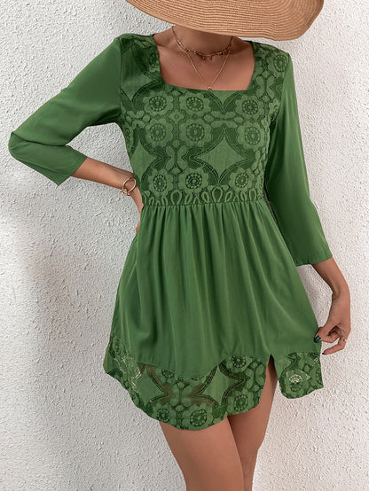 Babydoll Dress with Square Neck, Embroidered Yoke, and Cutout Hem