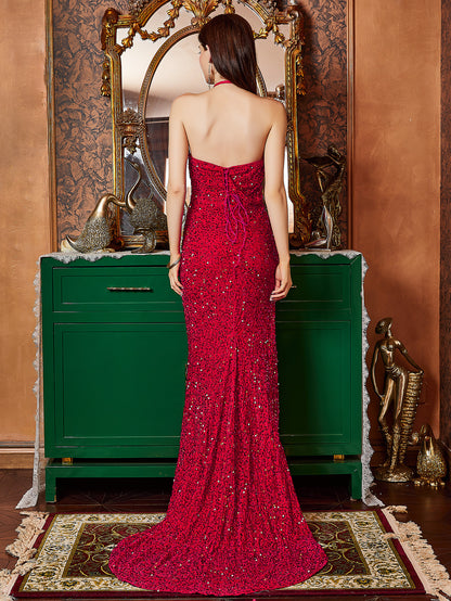 Sheath Maxi Dress with Halterneck, Slit, and Sequins