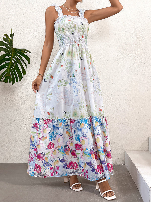 Smocked Patchwork Floral Maxi Dress with Ruffled Straps