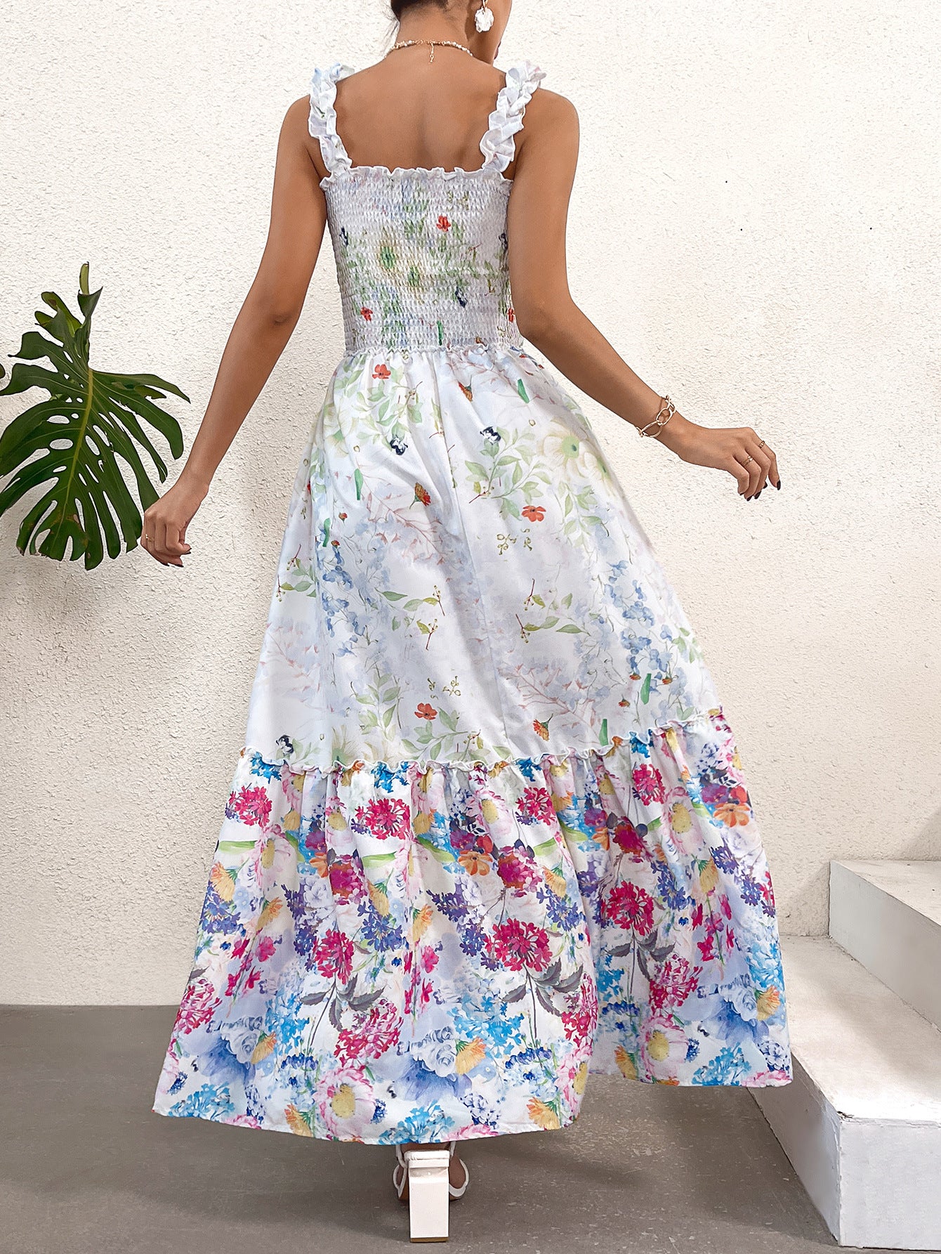 Smocked Patchwork Floral Maxi Dress with Ruffled Straps