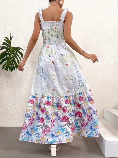 Smocked Patchwork Floral Maxi Dress with Ruffled Straps