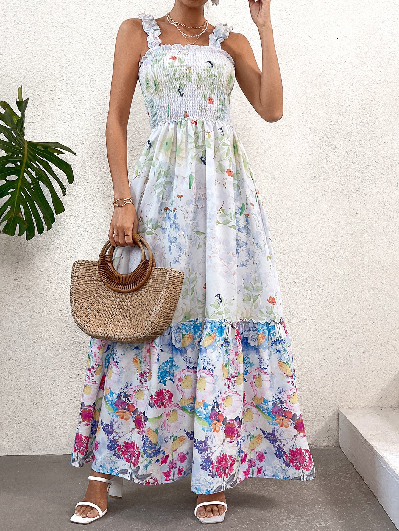Smocked Patchwork Floral Maxi Dress with Ruffled Straps