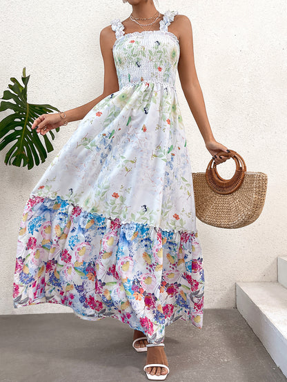 Smocked Patchwork Floral Maxi Dress with Ruffled Straps