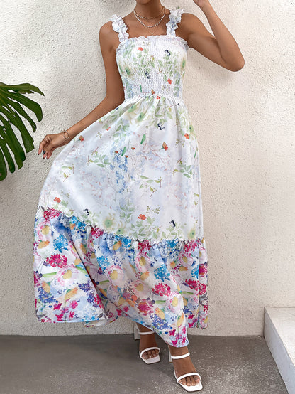 Smocked Patchwork Floral Maxi Dress with Ruffled Straps