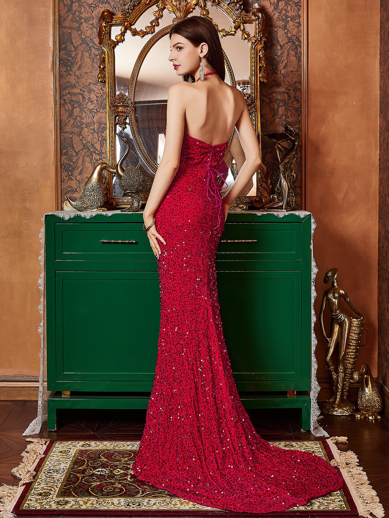 Sheath Maxi Dress with Halterneck, Slit, and Sequins