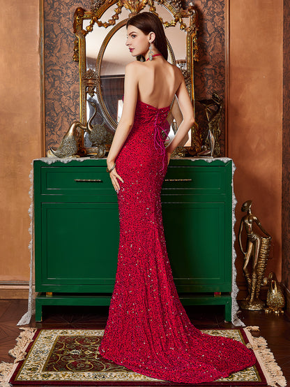 Sheath Maxi Dress with Halterneck, Slit, and Sequins