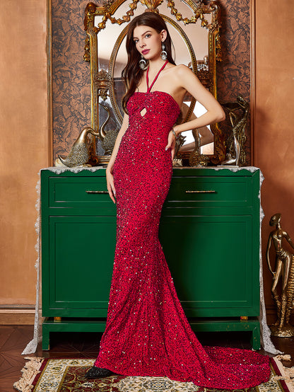 Sheath Maxi Dress with Halterneck, Slit, and Sequins