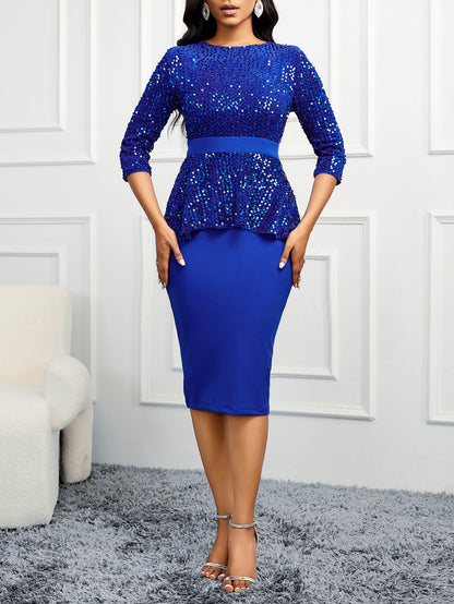 Sequined Peplum Dress with Round Neck and Sheath Skirt
