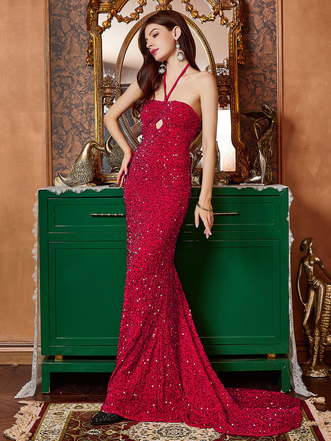 Sheath Maxi Dress with Halterneck, Slit, and Sequins