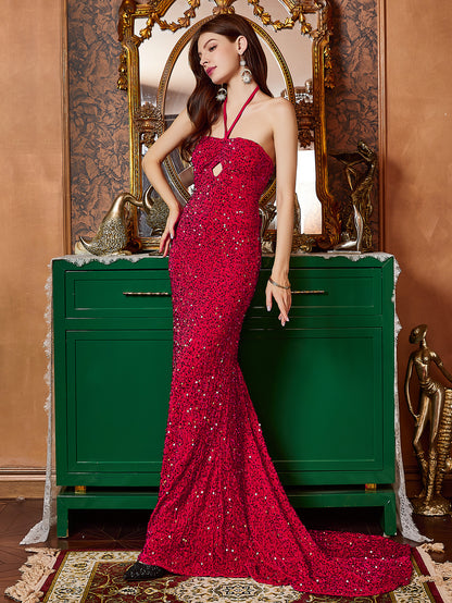 Sheath Maxi Dress with Halterneck, Slit, and Sequins
