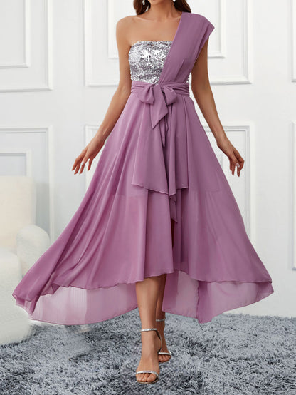 One-Shoulder Chiffon Dress with Sequined Bodice and Asymmetrical Hem