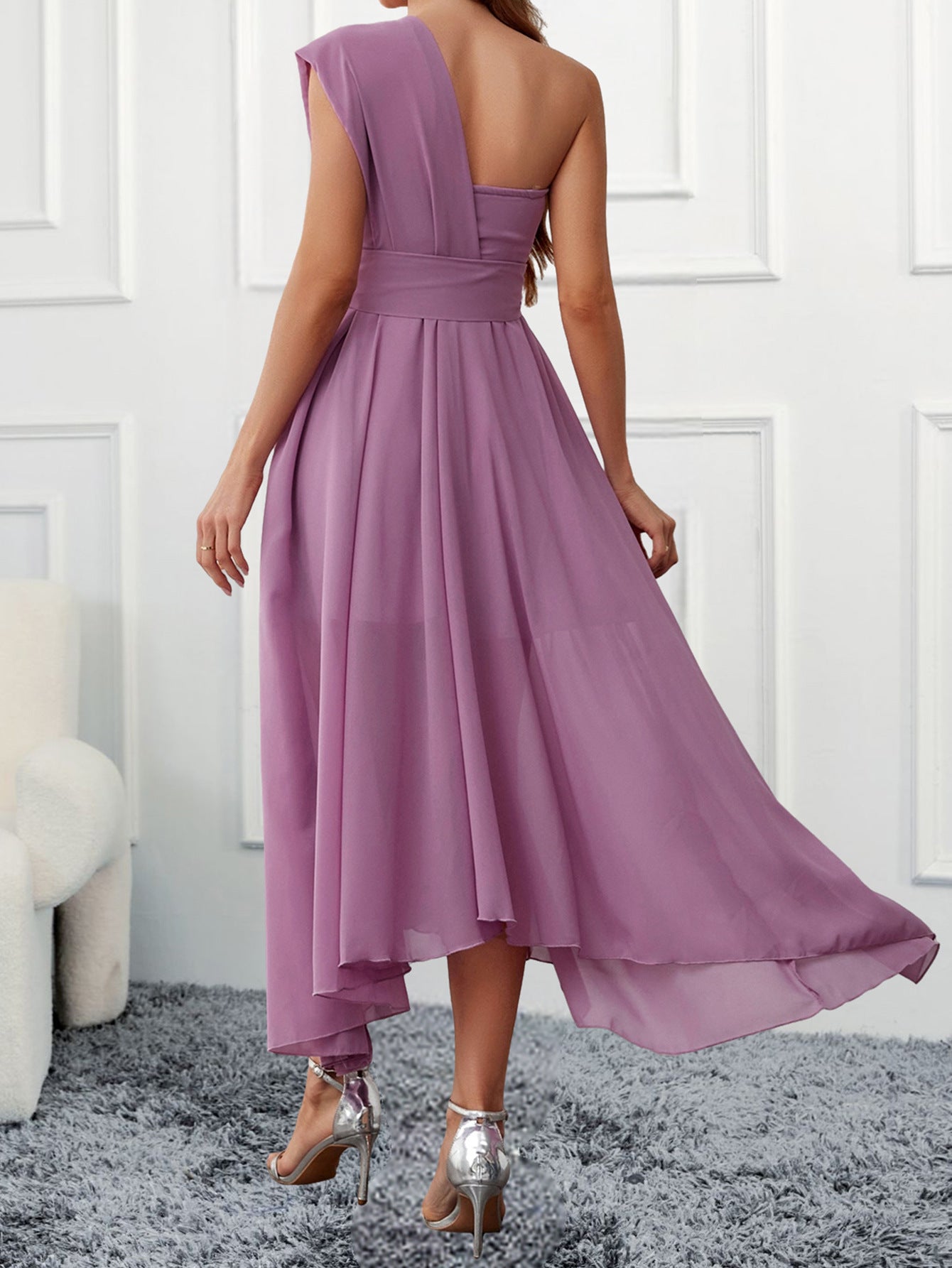 One-Shoulder Chiffon Dress with Sequined Bodice and Asymmetrical Hem