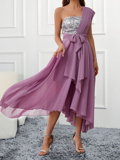 One-Shoulder Chiffon Dress with Sequined Bodice and Asymmetrical Hem