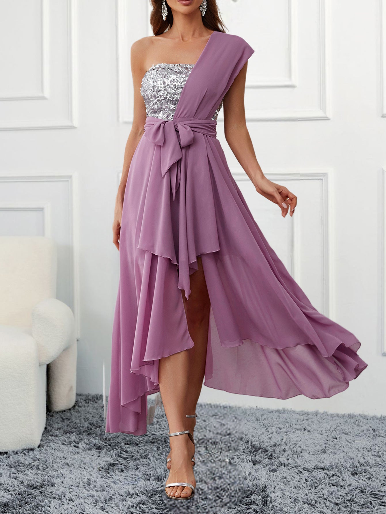 One-Shoulder Chiffon Dress with Sequined Bodice and Asymmetrical Hem