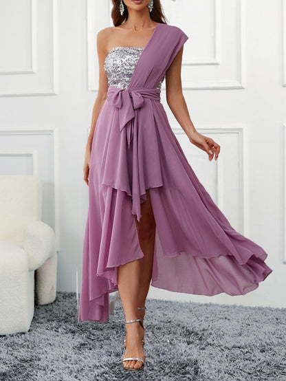 One-Shoulder Chiffon Dress with Sequined Bodice and Asymmetrical Hem