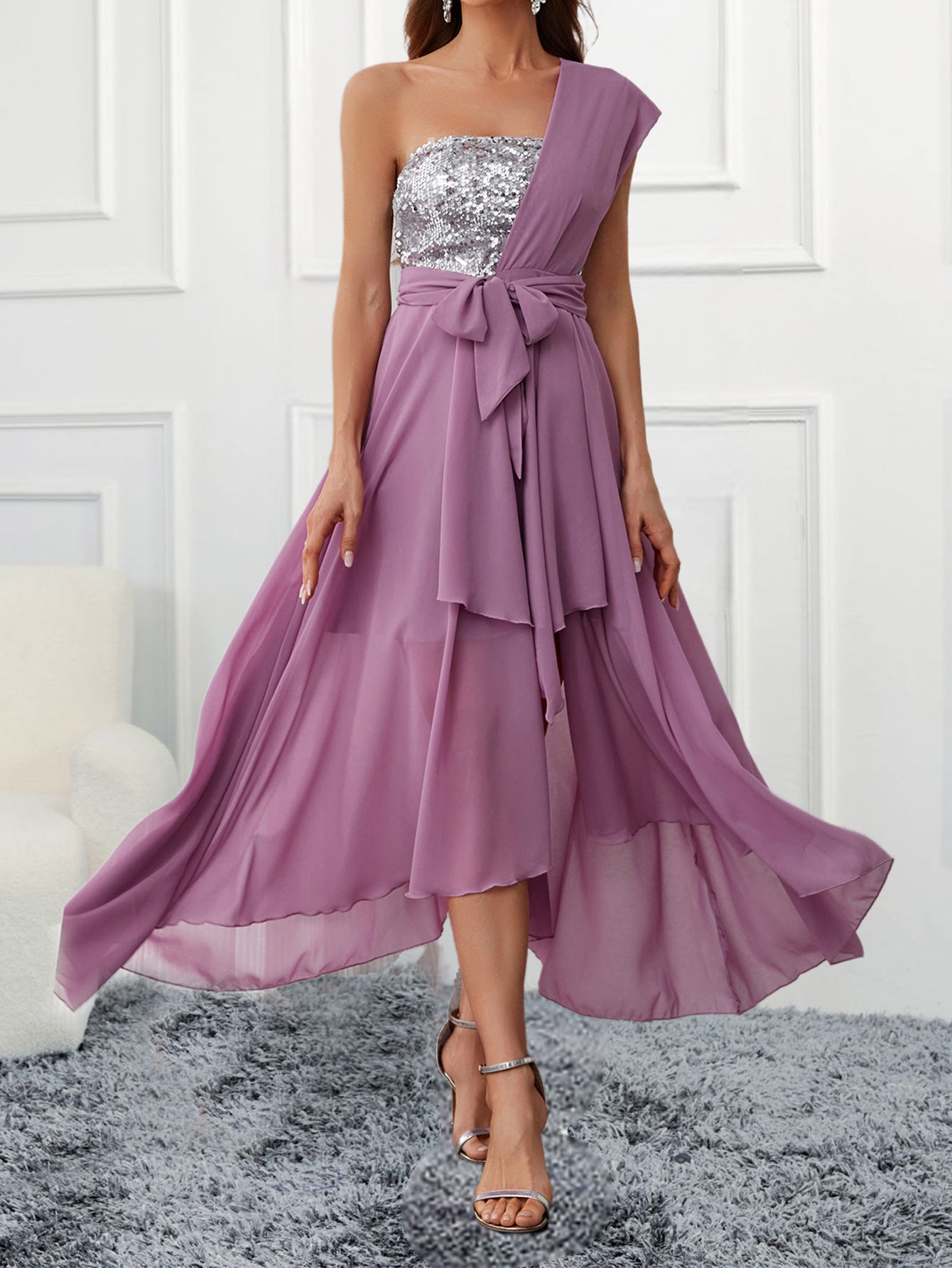 One-Shoulder Chiffon Dress with Sequined Bodice and Asymmetrical Hem