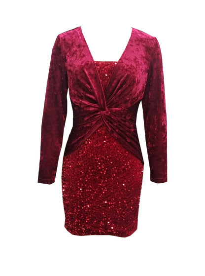 Long-Sleeved Sheath Dress with Twisted Velvet Bodice and Sequin Skirt
