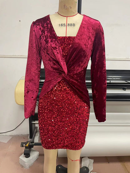 Long-Sleeved Sheath Dress with Twisted Velvet Bodice and Sequin Skirt