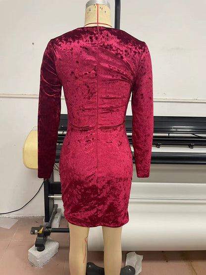 Long-Sleeved Sheath Dress with Twisted Velvet Bodice and Sequin Skirt