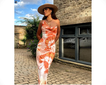 Tie-Dye Bodycon Midi Dress with Cowl Neck and Open Back