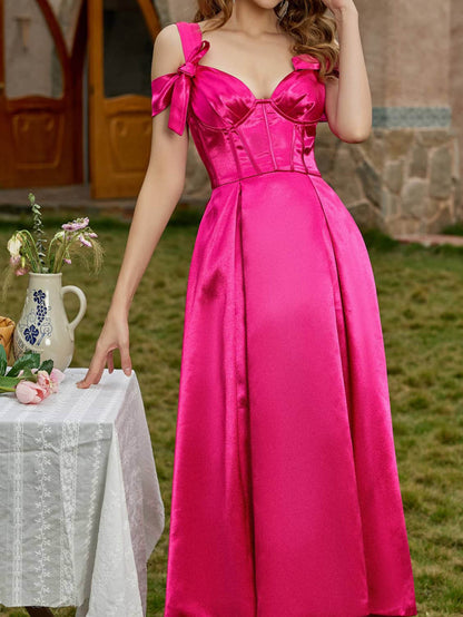 A-Line High-Low Dress with Corset Bodice and Bow Straps