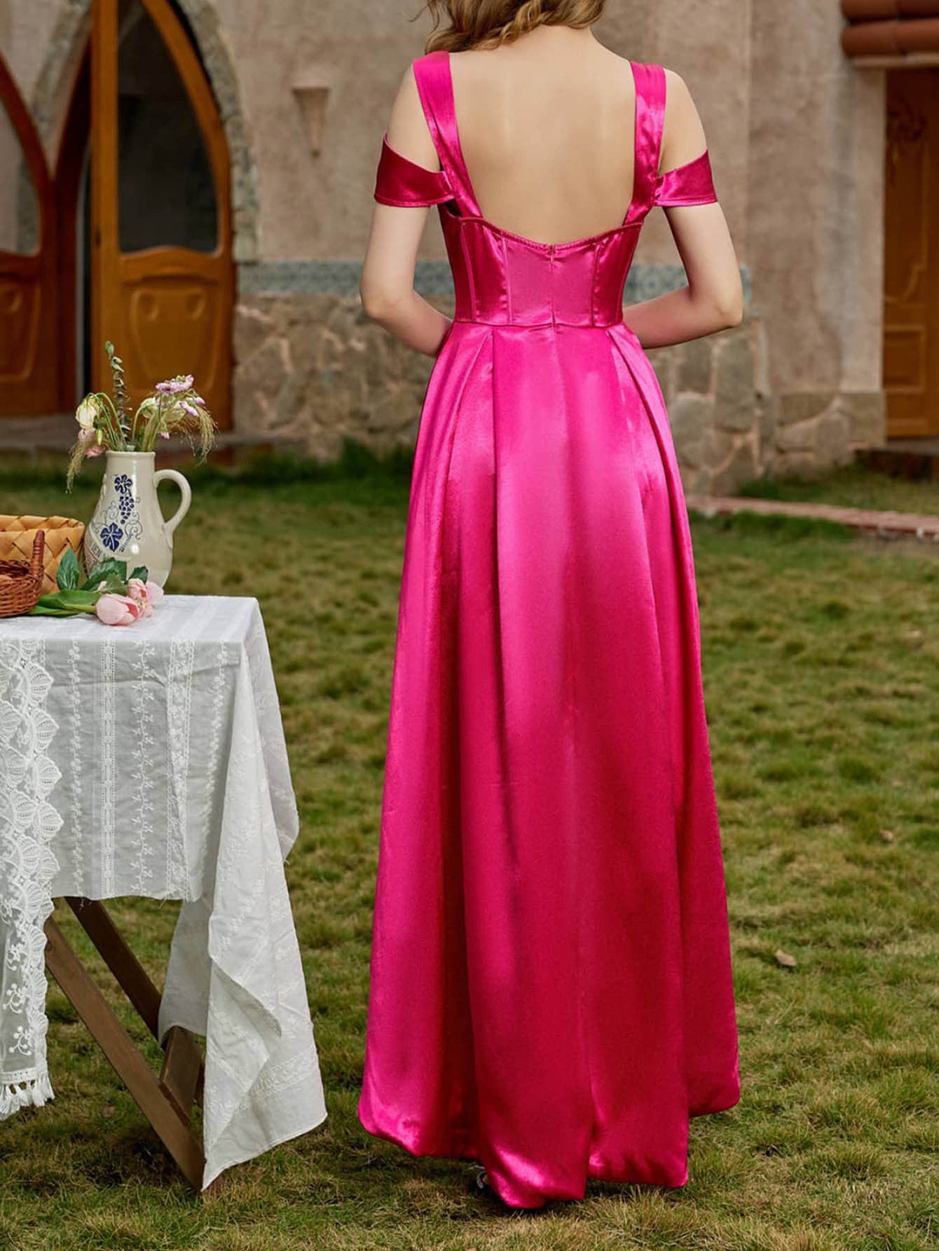 A-Line High-Low Dress with Corset Bodice and Bow Straps