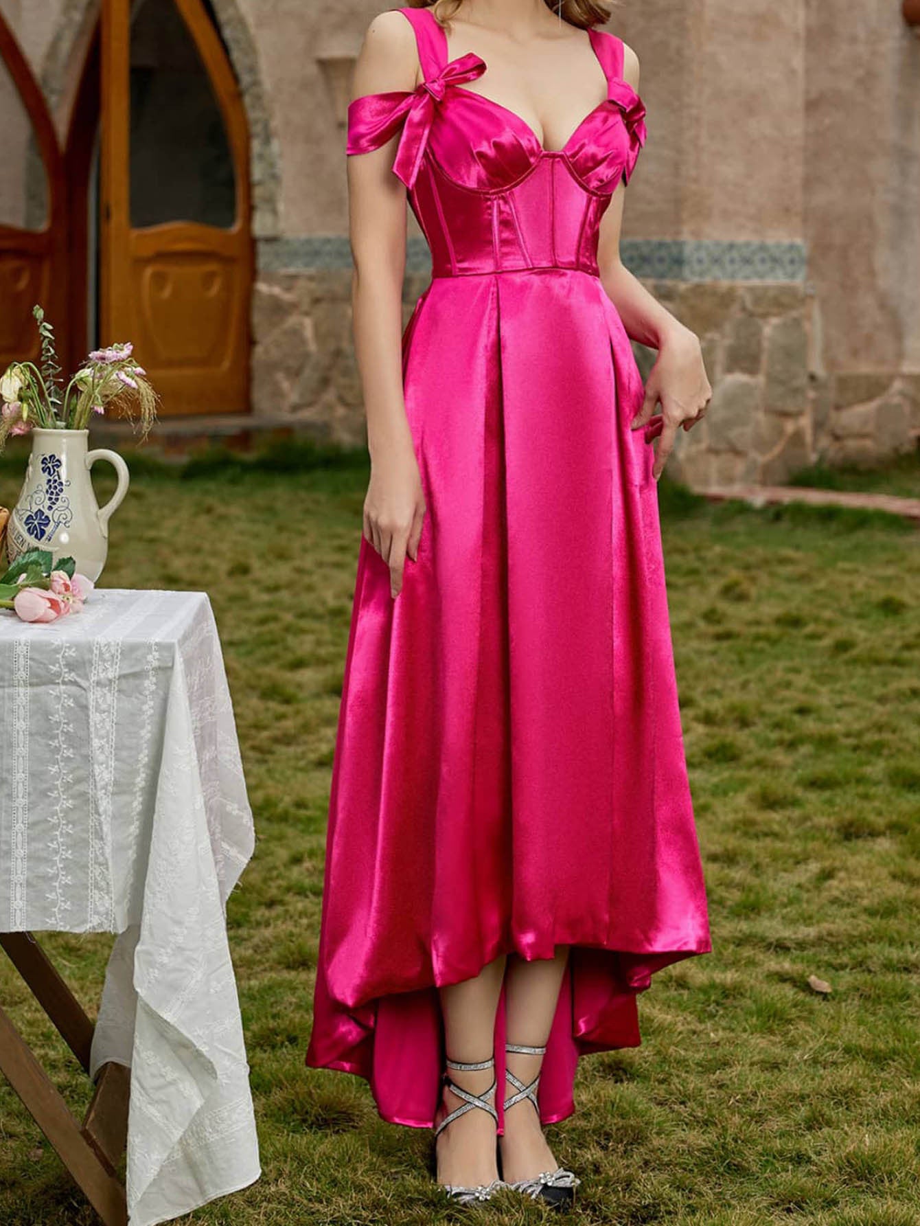 A-Line High-Low Dress with Corset Bodice and Bow Straps